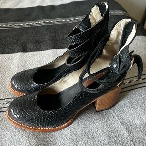 Freebird by Steven Black Faux-Snakeskin Ankle Wrap Block Heels